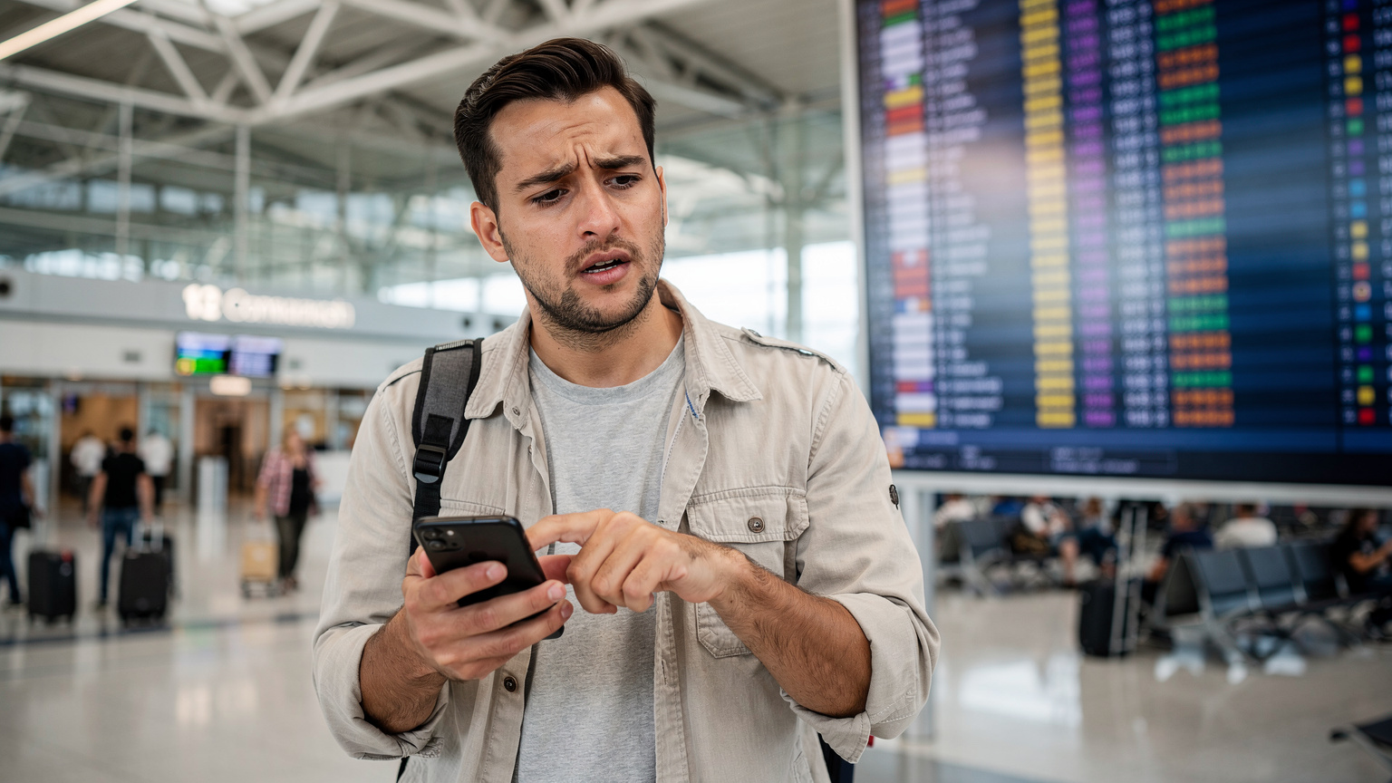 Un voyageur perplexe consulte son smartphone, face à un panneau d'affichage de tarifs roaming complexes dans un hall d'aéroport international.