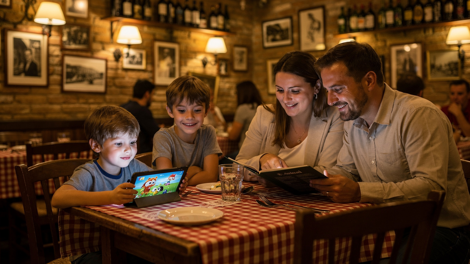 Slovenská rodina prezerajúca si menu v tradičnej talianskej reštaurácii v Ríme, zatiaľ čo jedno z detí pozerá na tablet s rozprávkou, pripojené cez stabilnú eSIM.