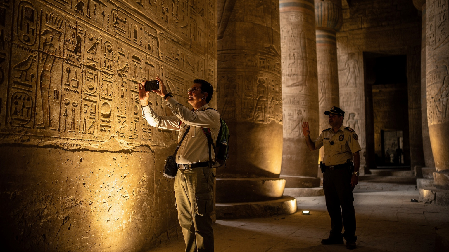 A tourist holds up a smartphone to take a photo of an ancient hieroglyphic carving on a stone wall inside a dimly lit temple in Luxor, while a security guard nearby subtly gestures to indicate flash photography is not allowed.
