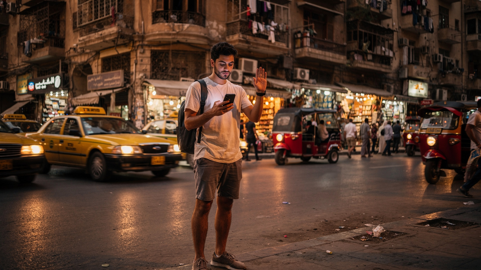 A traveler uses their smartphone to hail a ride-sharing service while standing on a busy street corner in Downtown Cairo, surrounded by yellow taxis and the vibrant, bustling evening traffic.