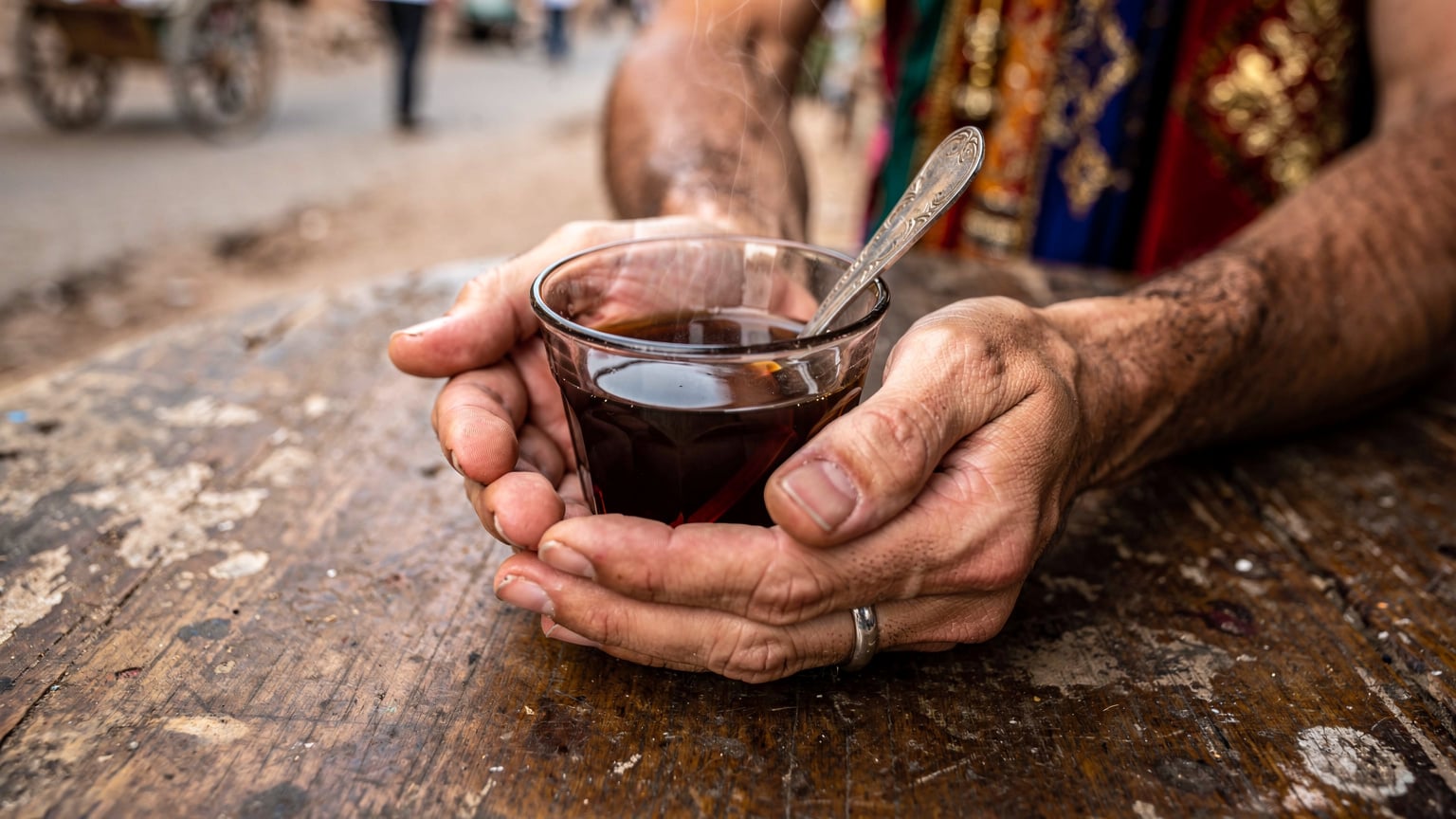A close-up shot of a pair of hands holding a small, traditional glass of strong black Egyptian tea with a spoon, sitting on a weathered wooden table at an outdoor cafe in Aswan, with blurred street activity in the background.