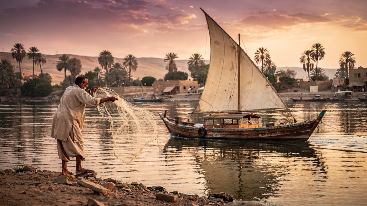 A traditional Egyptian felucca sails gently down the Nile River in Aswan at sunset, with a vibrant orange and purple sky reflecting on the water, while a local fisherman casts his net from the bank.
