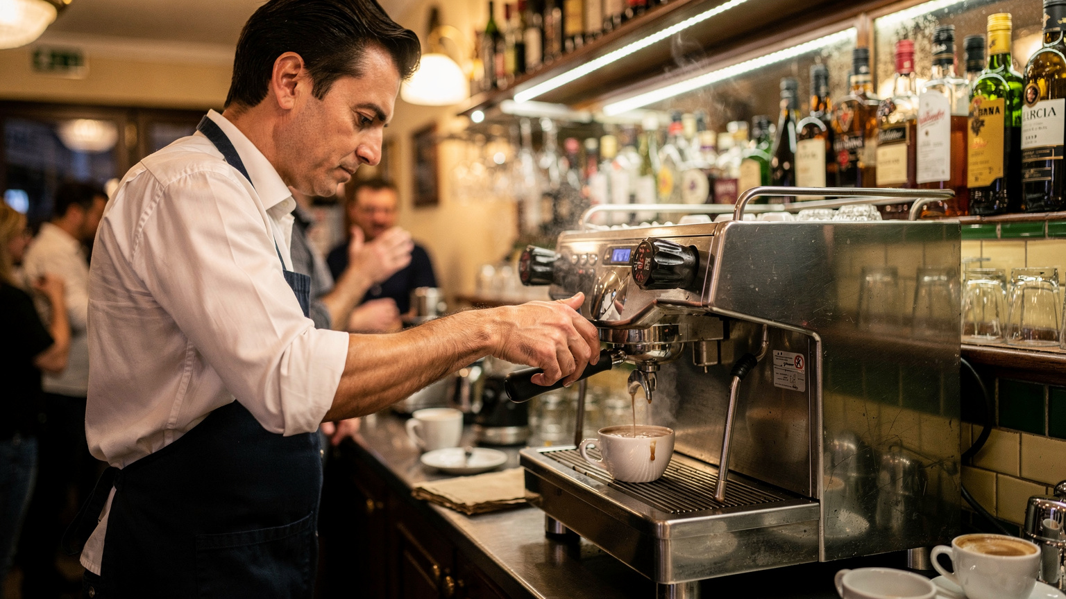 Un barista italien concentré prépare un espresso, ses mains habiles manipulant le porte-filtre et la machine à café dans un bar animé de Rome.