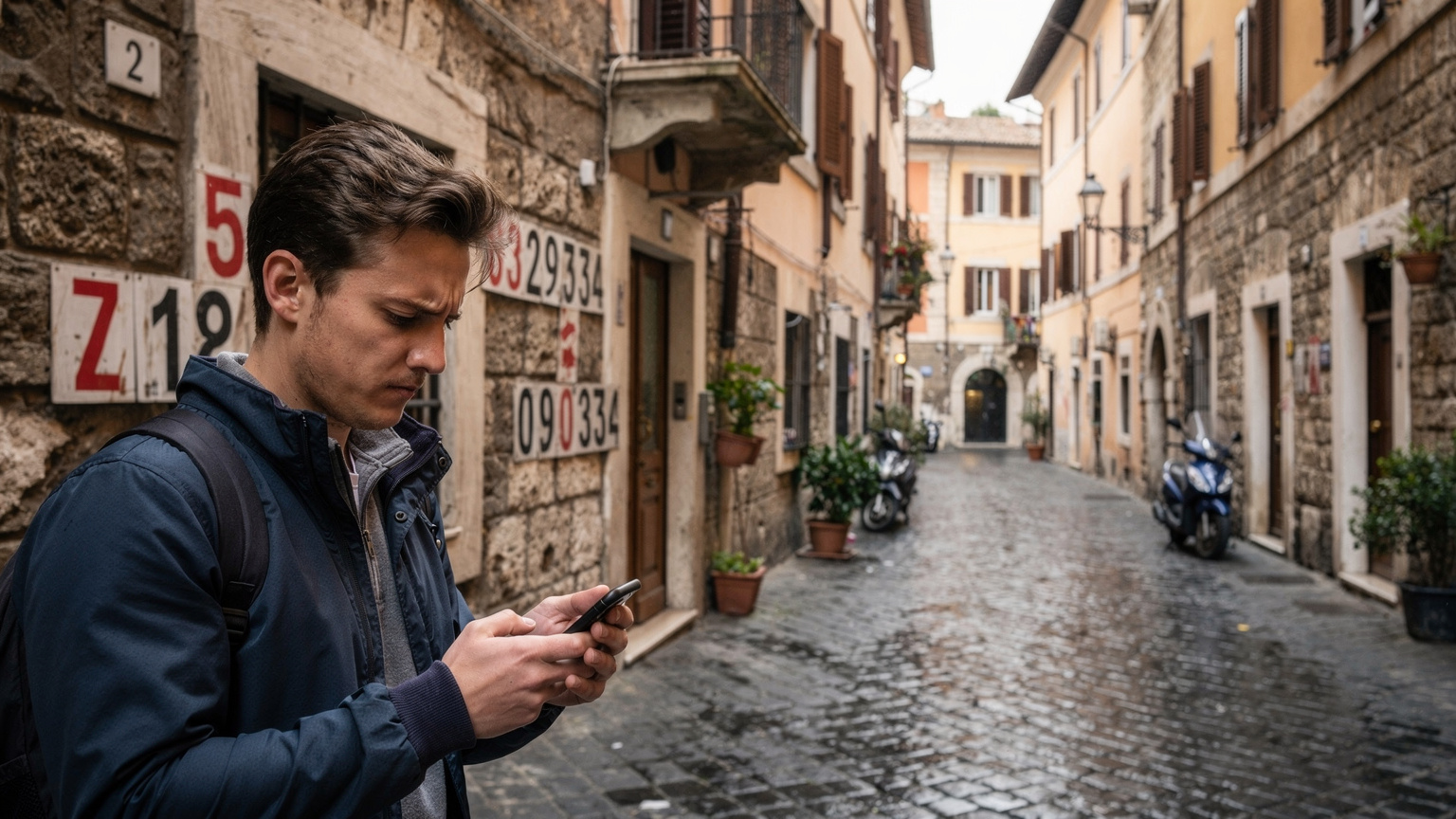 Un voyageur perdu, le front plissé, regarde son smartphone, essayant de déchiffrer des numéros de maison non conventionnels dans une rue pavée étroite de Rome.
