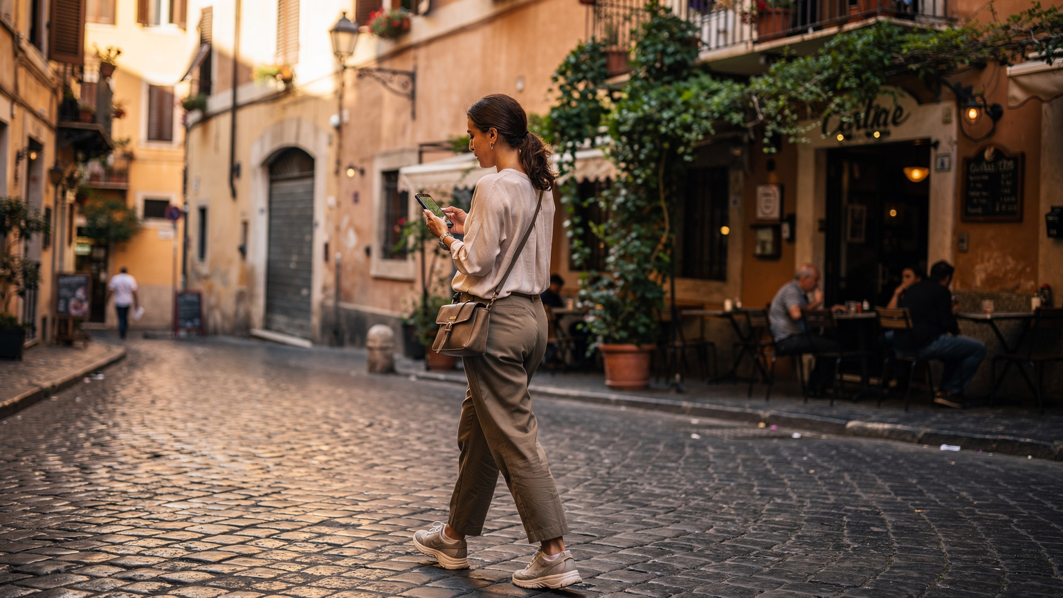 Roma'nın hareketli Trastevere bölgesinde, bir elinde cep telefonuyla yürüyen bir kadının omuz hizasından çekilmiş fotoğrafı.
