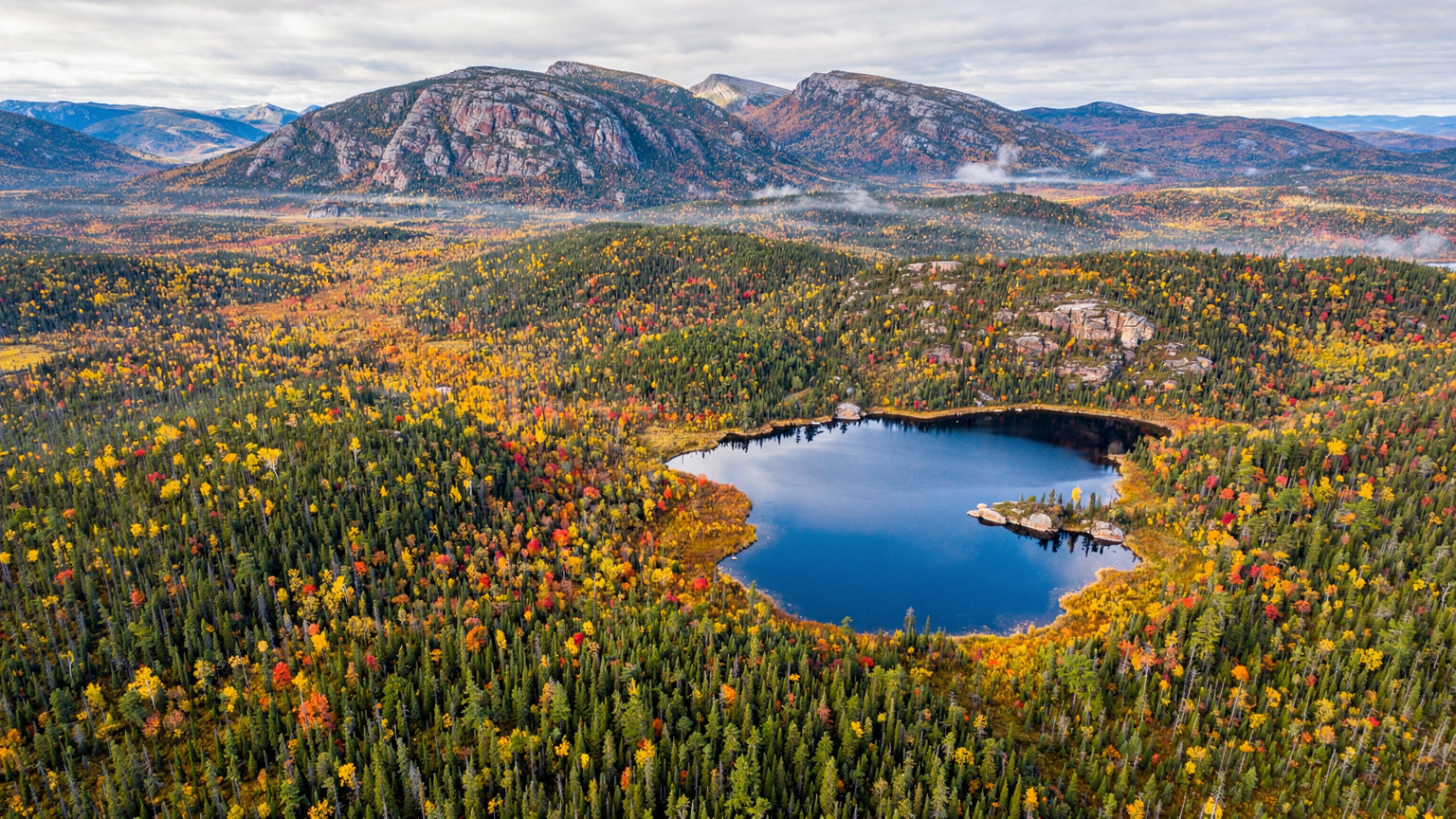 Une vue aérienne époustouflante d'une vaste forêt boréale canadienne en automne, avec un lac bleu profond et des montagnes majestueuses en arrière-plan sous un ciel nuageux.