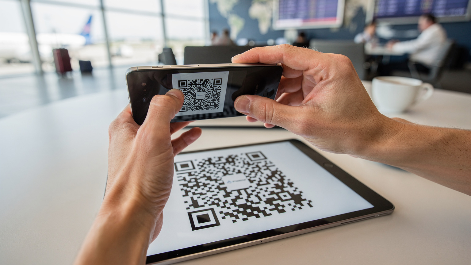 Gros plan de mains tenant un smartphone et scannant un QR code d'eSIM affiché sur l'écran d'une tablette.