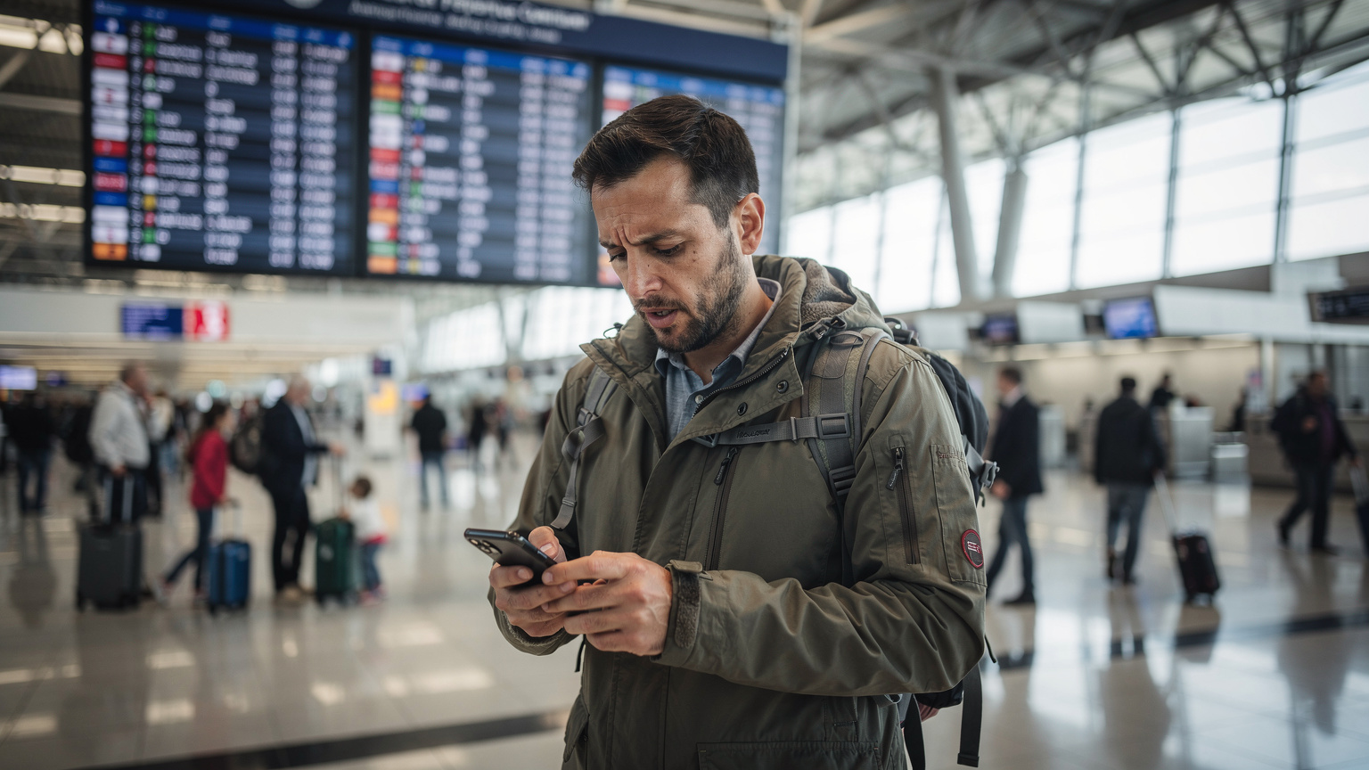 Un voyageur masculin avec un sac à dos regarde son téléphone avec une expression préoccupée à côté d'un panneau d'affichage des vols dans un aéroport achalandé.