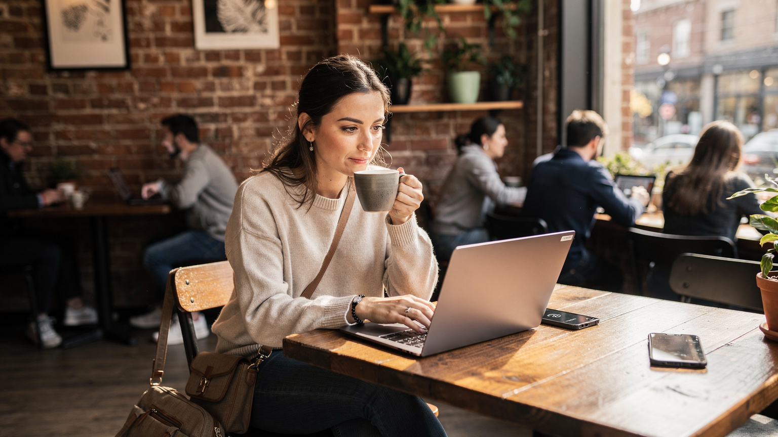 Une femme assise dans un café moderne de Montréal, travaillant sur son ordinateur portable avec un café devant elle, son smartphone à côté affichant des icônes de réseau mobile.