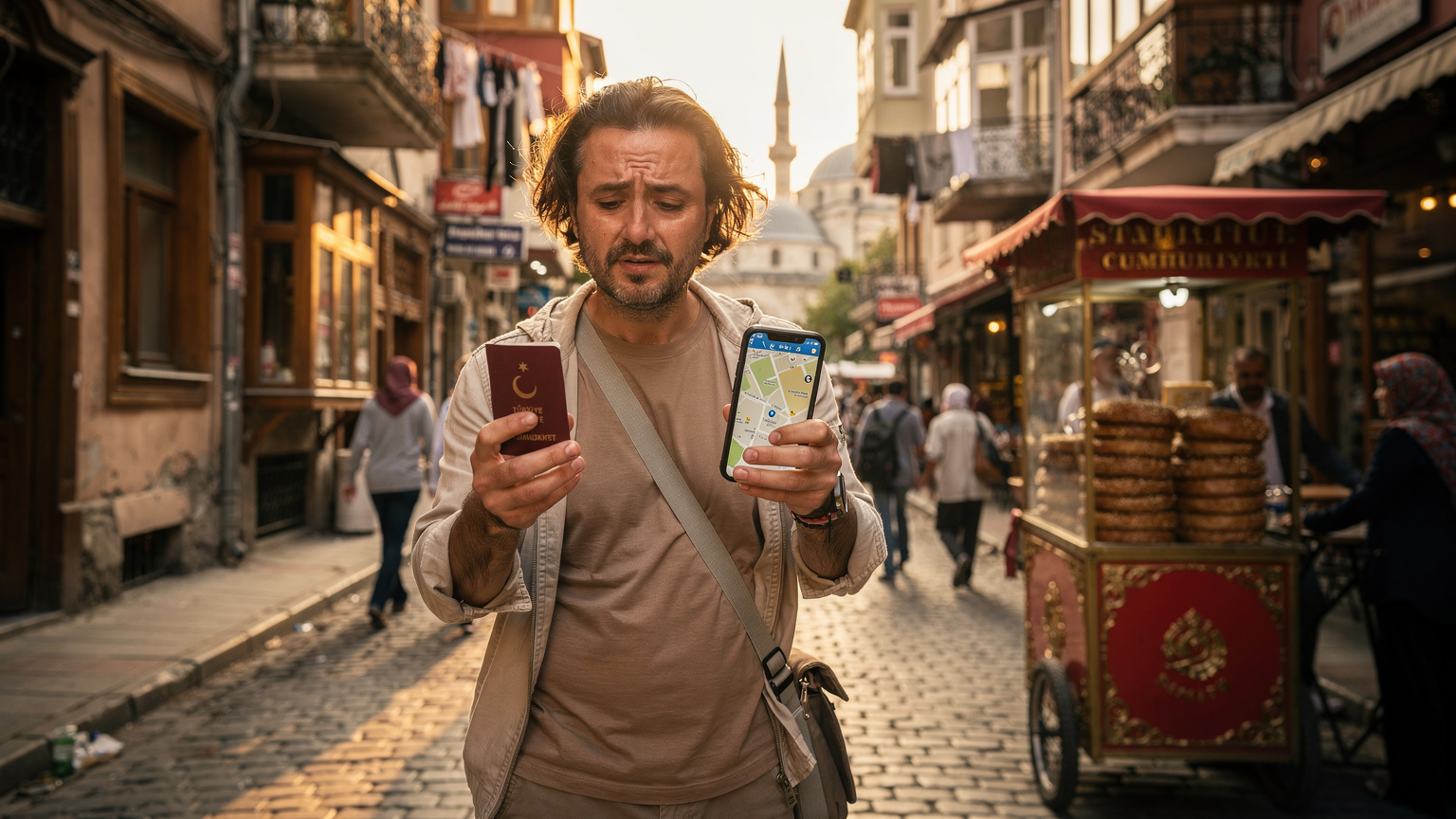 İstanbul'un tarihi sokaklarından birinde, elinde pasaport ve telefon tutan bir turistin, yerel bir simitçinin önünde haritada yolunu bulmaya çalışırken yaşadığı bir an.