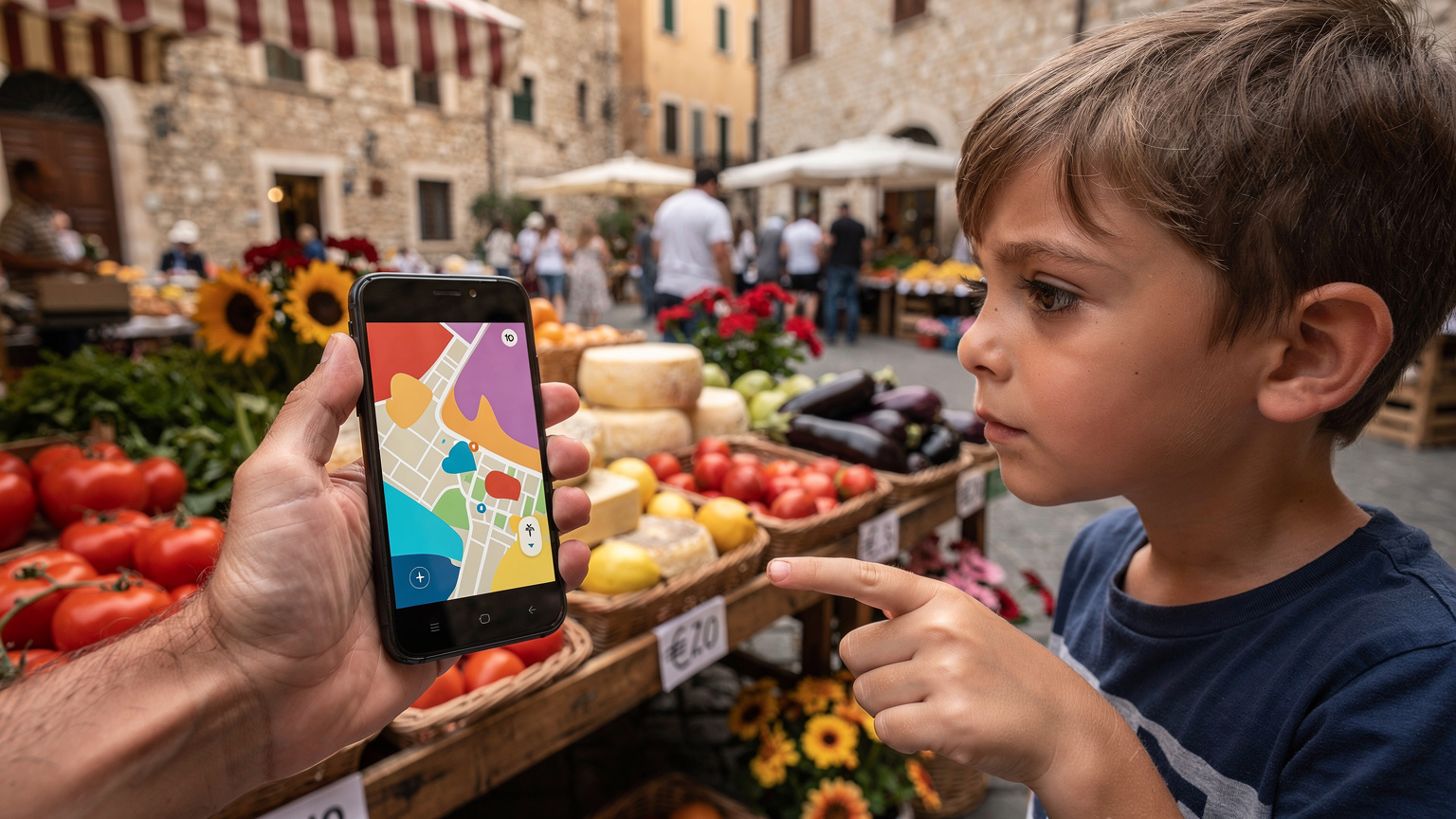 Mână de adult ținând un smartphone cu o aplicație de hărți deschisă, în timp ce arată direcția către un copil curios într-o piață locală plină de viață din Italia.