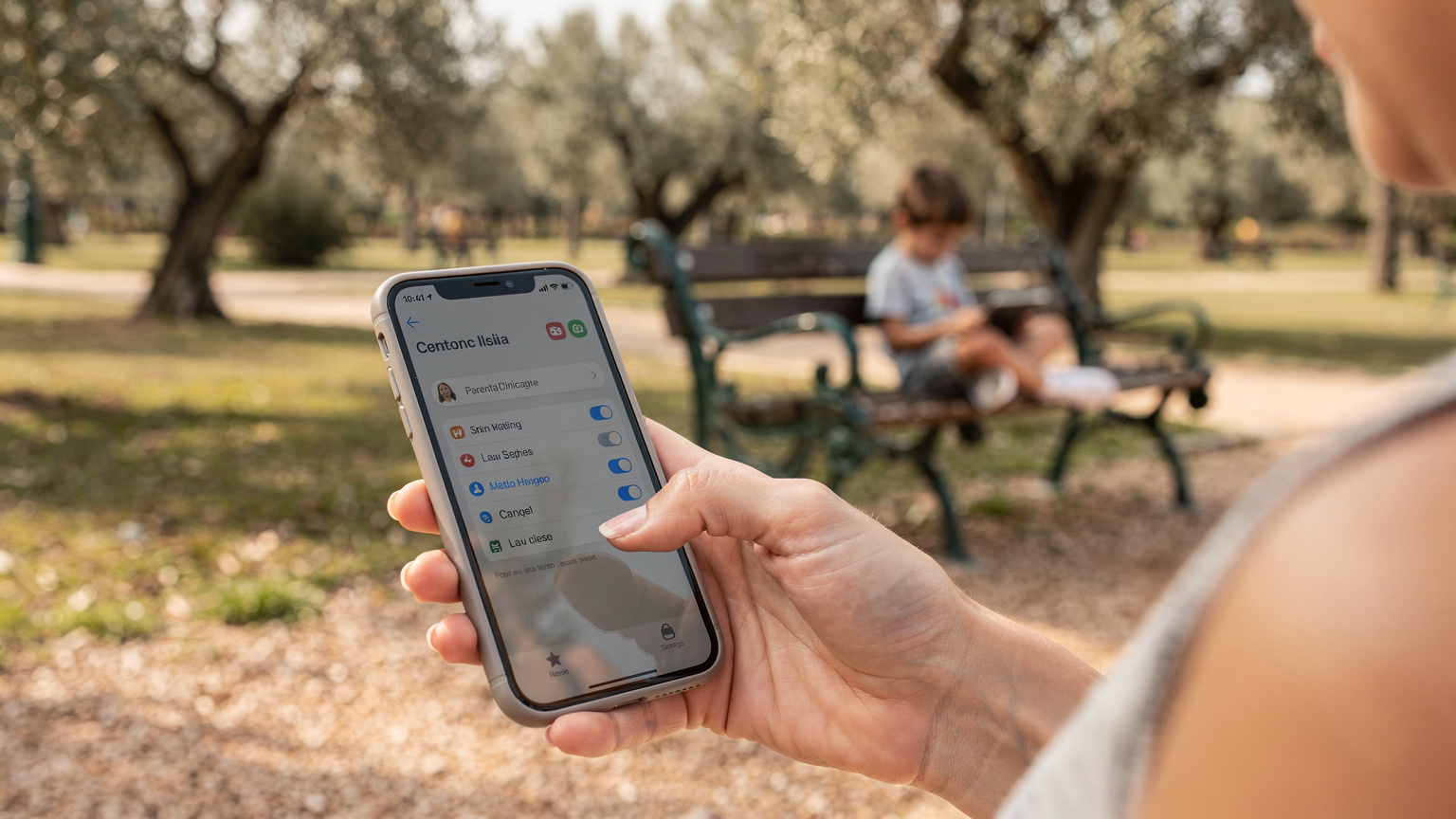 Mână de mamă ajustând o aplicație de control parental pe un smartphone, cu un copil mic care se joacă pe o tabletă în fundal, într-un parc italian.
