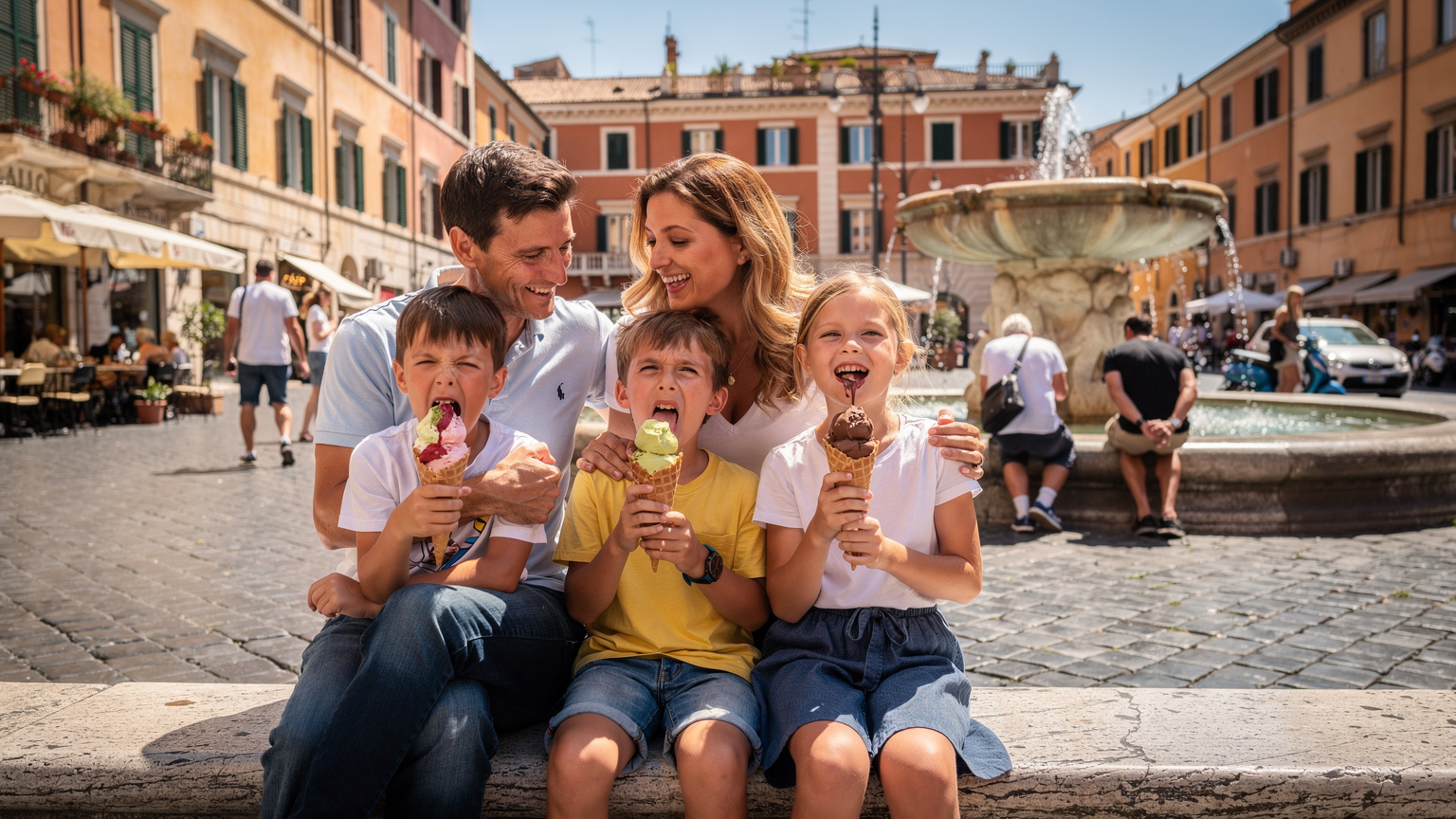 O familie se bucură de un gelato într-o piață aglomerată din Roma, cu părinții monitorizând discret copiii în timp ce aceștia mănâncă.