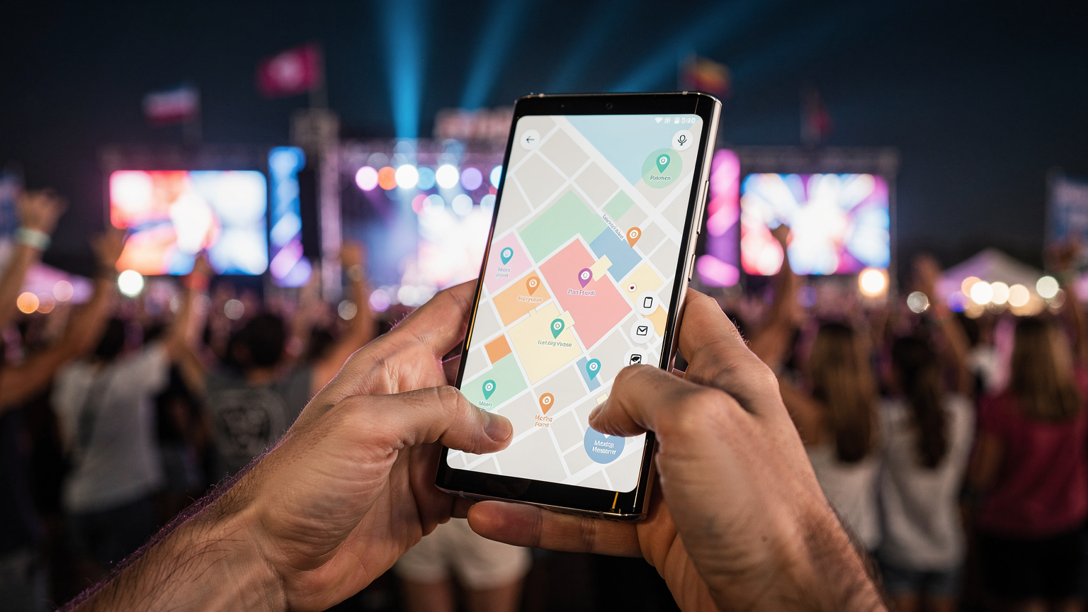 Mãos segurando um Galaxy S26, mostrando uma tela com mapa de festival e pontos de encontro, em meio a uma multidão borrada e luzes coloridas de um palco de festival.