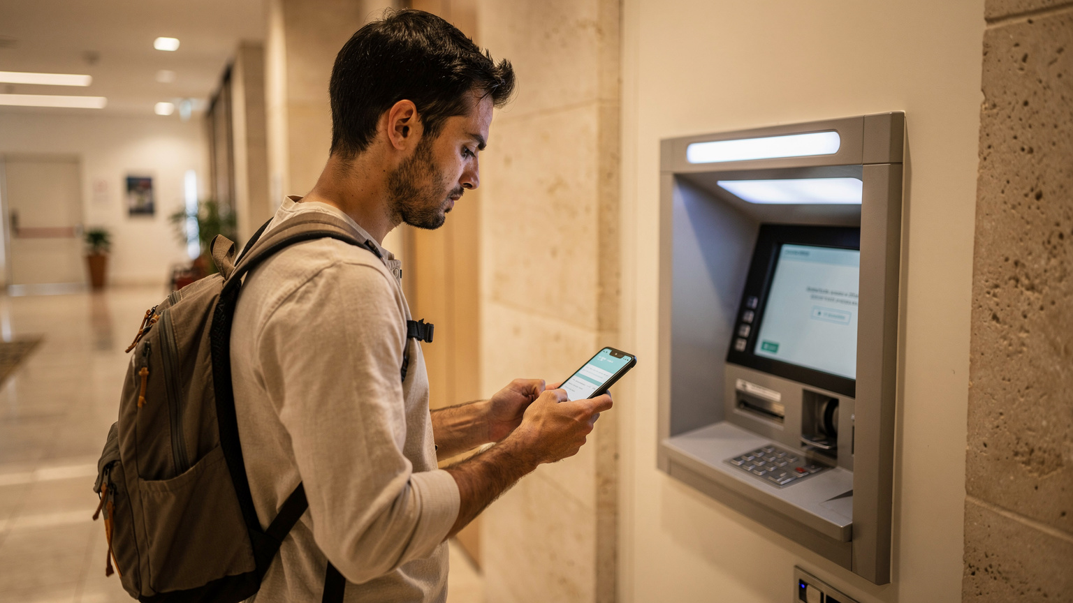 Uma pessoa em frente a um terminal de autoatendimento bancário em Portugal, tentando acessar a conta no Galaxy S26, com uma expressão de leve preocupação ao perceber a necessidade de um número de telefone local para autenticação.