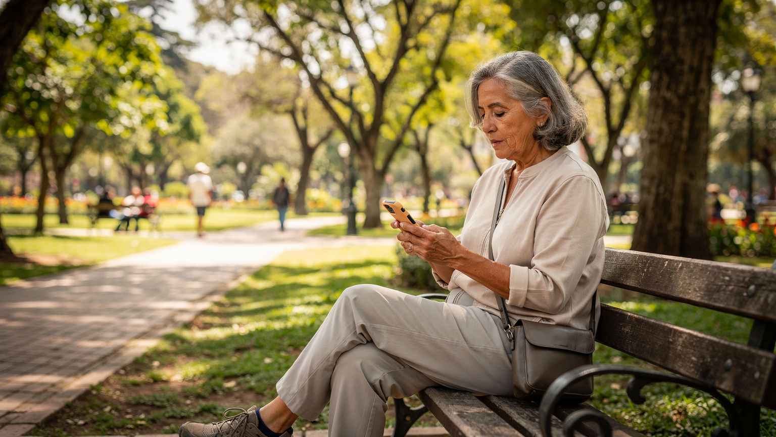Eine ältere Frau studiert eine Karte von Cuenca auf ihrem Smartphone, während sie auf einer Bank in einem lebhaften Park sitzt.