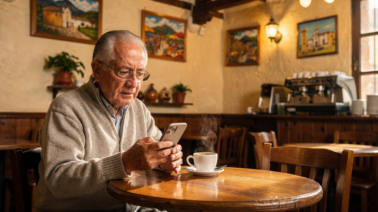 Ein älterer Mann sitzt in einem Café in Cuenca und konsultiert sein Smartphone, um Informationen über Gesundheitseinrichtungen zu suchen, mit einer Tasse Kaffee vor sich.