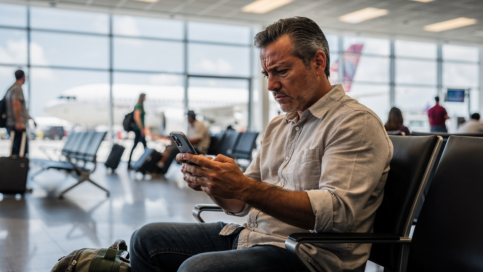 Un turista frustrado revisa su iPhone 17 en el aeropuerto internacional de Miami, con un gesto de preocupación, mientras otros viajeros pasan a su alrededor.