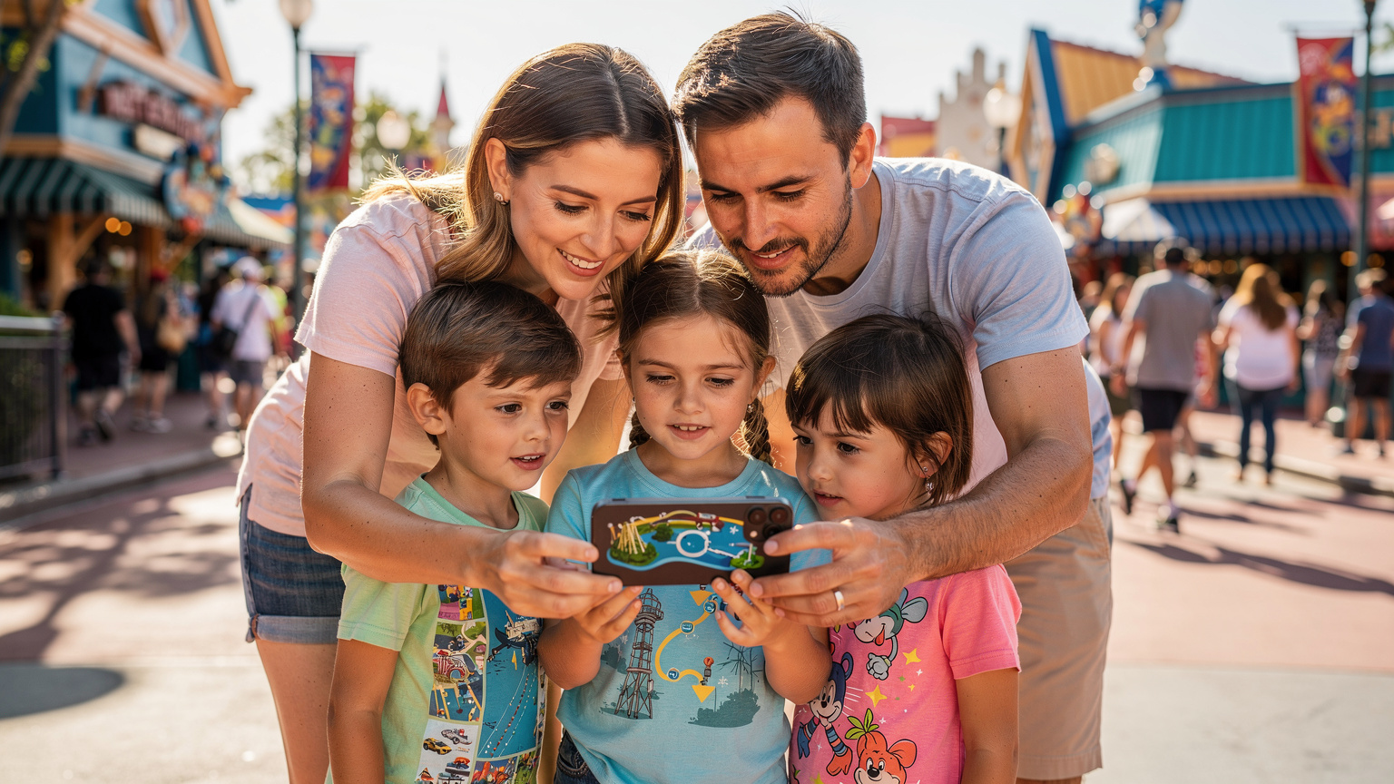 Una familia joven, con dos niños pequeños, mira el mapa de un parque temático en su iPhone 17, que muestra una ruta clara hacia una atracción popular. El fondo es un sendero con atracciones temáticas.
