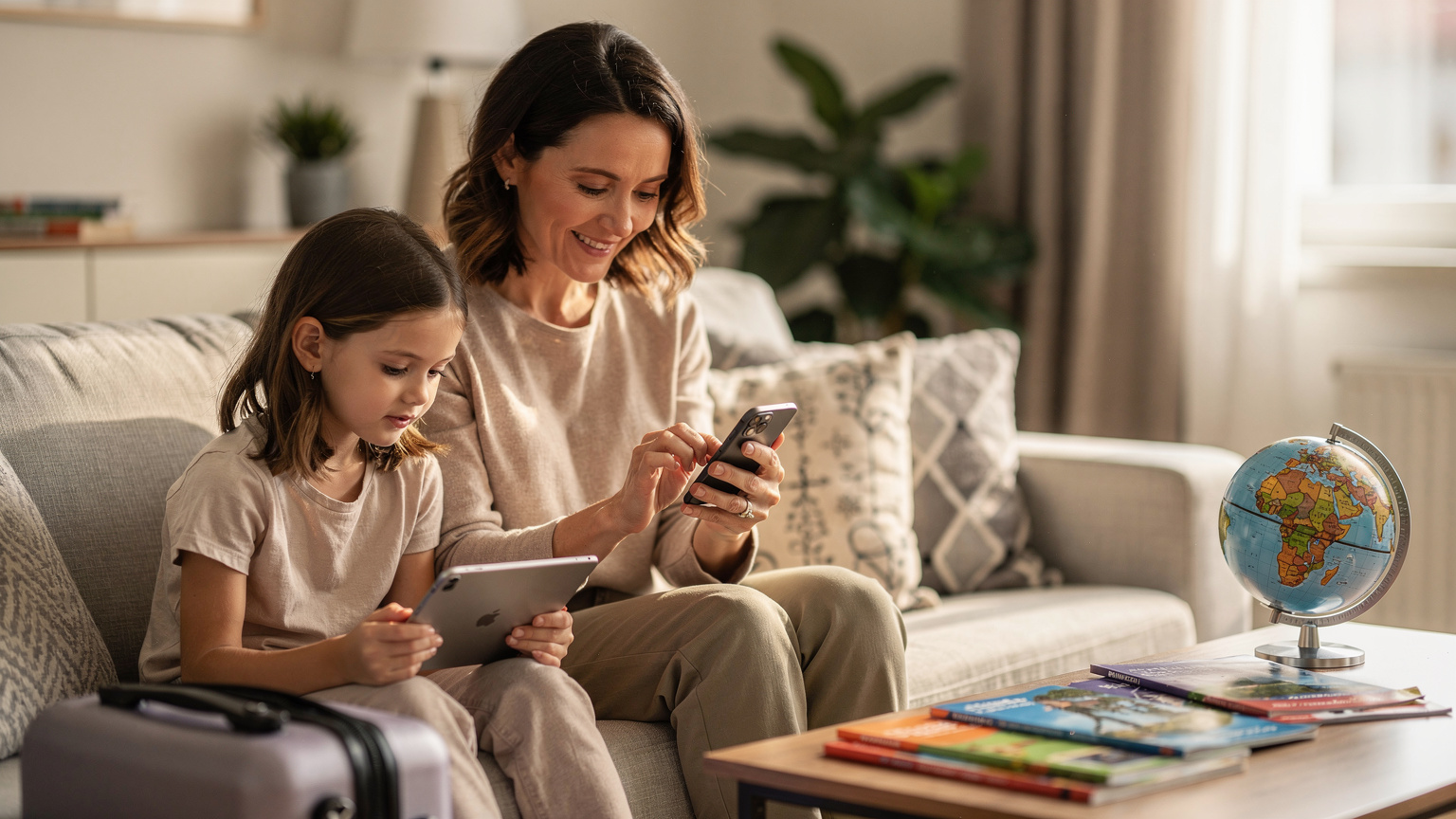 Una madre usa su iPhone 17 para configurar la eSIM de su hija, quien está sentada a su lado con su iPad, preparándose para el viaje familiar a Estados Unidos.