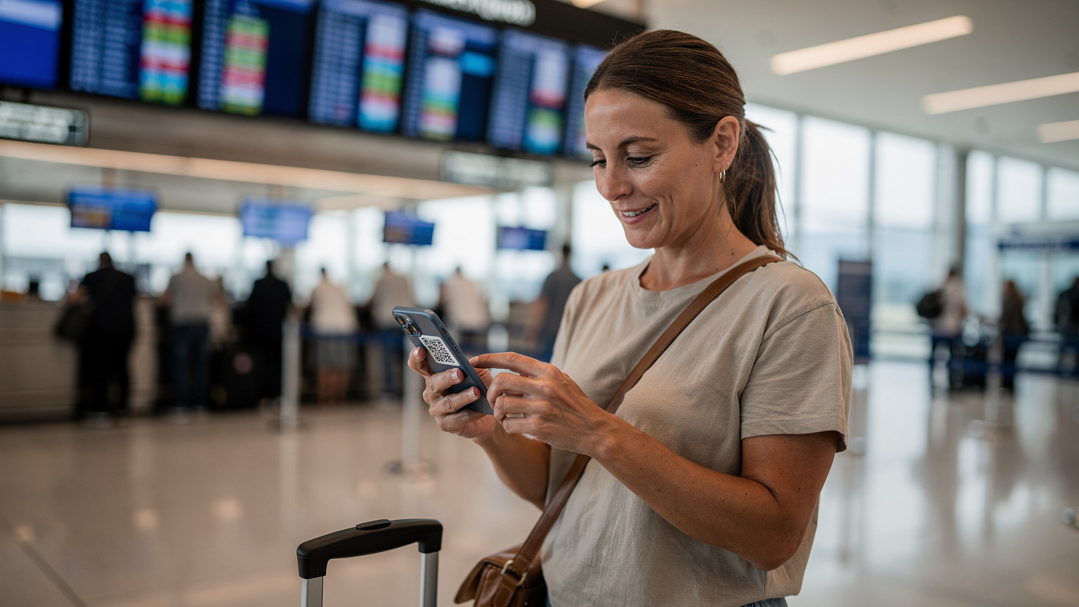 Žena skenuje QR kód eSIM na letišti v Chicagu pro okamžitou aktivaci dat.