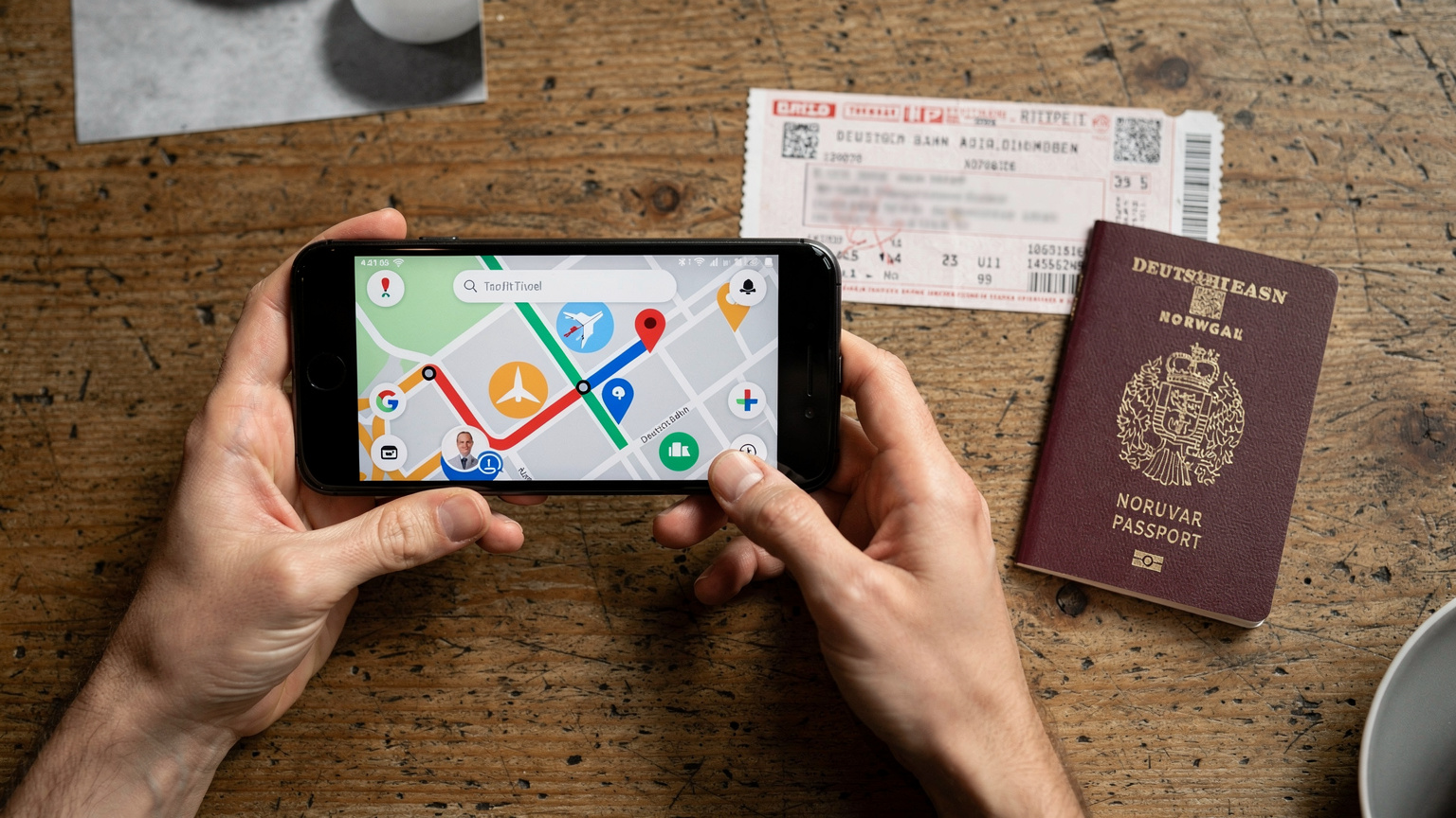 En person holder en smarttelefon med en reiseapp åpen, ved siden av et tysk togbillett og et pass på et kafébord i Berlin.