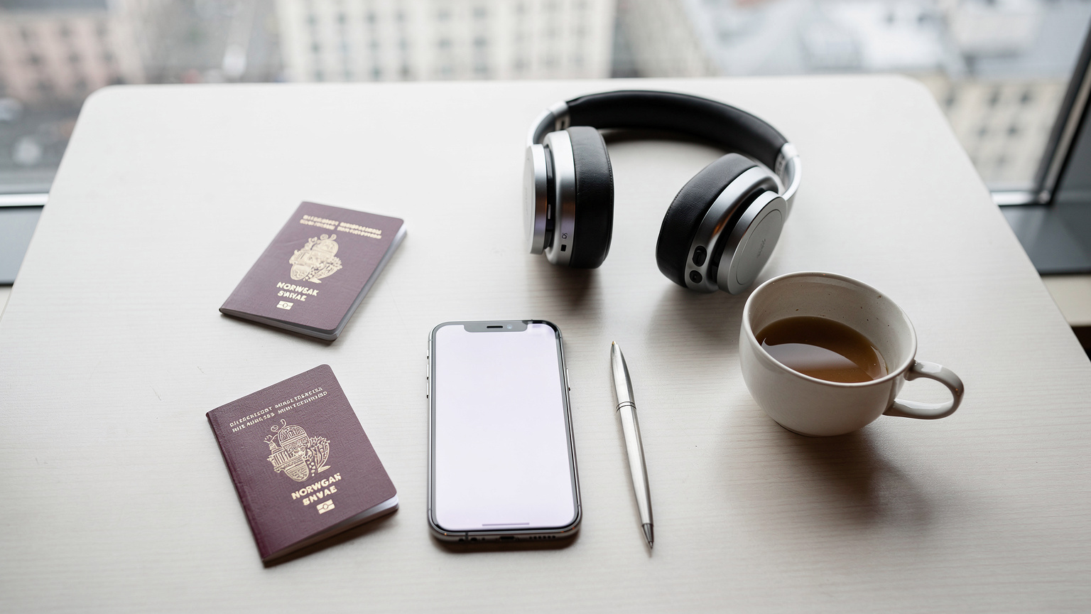 En flat-lay av en reisendes essensielle gjenstander: et pass, en smarttelefon, hodetelefoner, og en kaffekopp på et enkelt hotellbord.