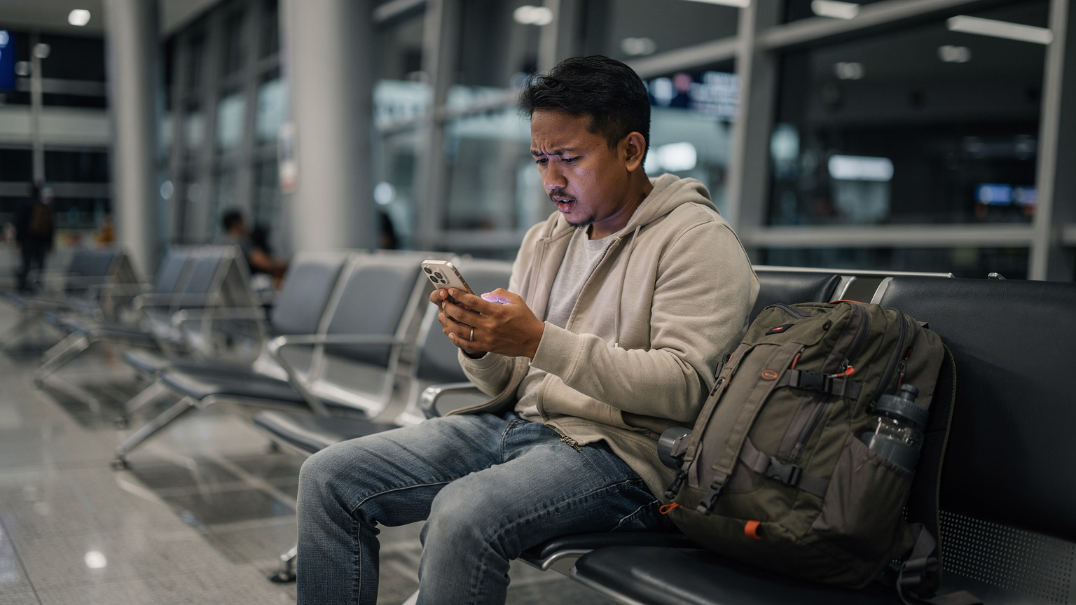 Seorang pria menatap iPhone-nya dengan ekspresi bingung dan frustrasi, duduk di bangku bandara yang sepi dengan tas punggung di sampingnya, menunjukkan masalah konektivitas saat bepergian.