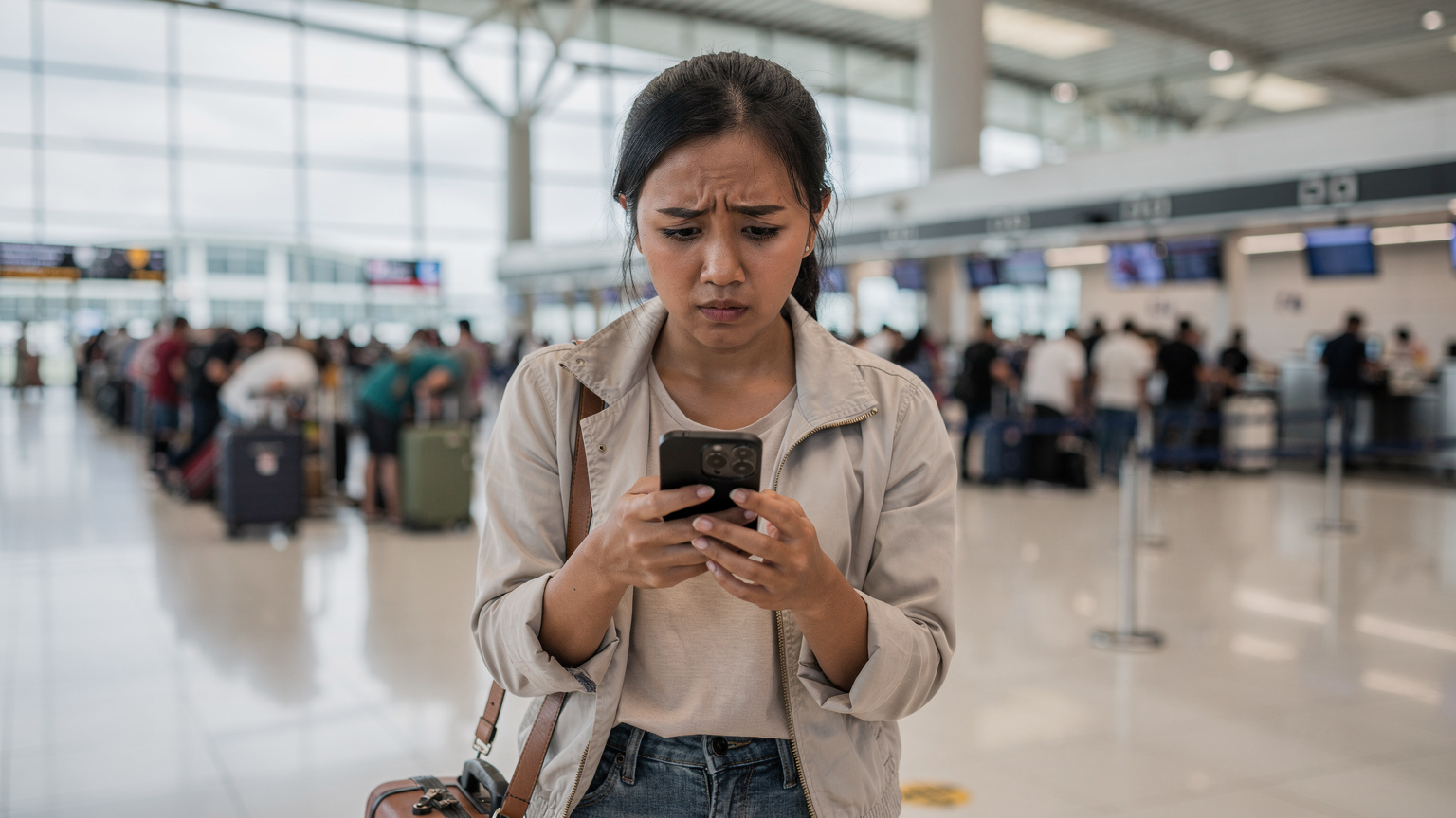 Seorang wanita memeriksa ketersediaan sinyal ponselnya di Bandara Internasional Soekarno-Hatta, Terminal 3, dengan ekspresi sedikit cemas saat antrean check-in di belakangnya terlihat panjang.