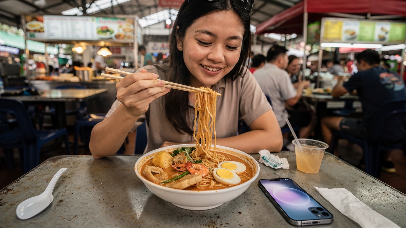 Seorang wanita muda Asia sedang makan laksa di sebuah food court yang ramai di Singapura, dengan ponselnya diletakkan di samping piringnya, menampilkan layar yang menunjukkan notifikasi jaringan yang berbeda.