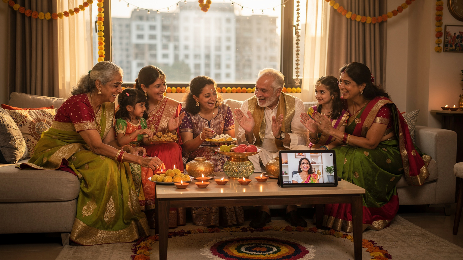 एक भारतीय परिवार अपने टैबलेट पर वीडियो कॉल पर दिवाली मनाते हुए, पारंपरिक मिठाइयों और दीयों से सजे हुए.