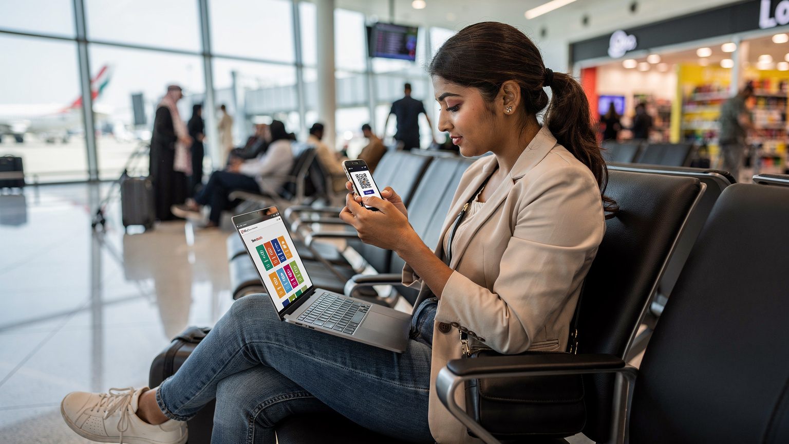 एक भारतीय महिला दुबई इंटरनेशनल एयरपोर्ट पर अपने फोन पर eSIM QR कोड स्कैन कर रही है, अपने लैपटॉप पर Cellesim वेबसाइट खुली है.