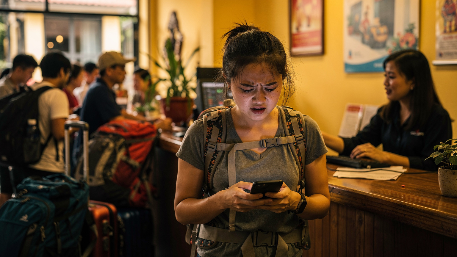 Seorang pengembara wanita sedang bergelut dengan telefonnya di kaunter penerimaan tetamu hostel yang sibuk di Hanoi, Vietnam, dengan ekspresi sedikit kecewa kerana masalah sambungan internet.