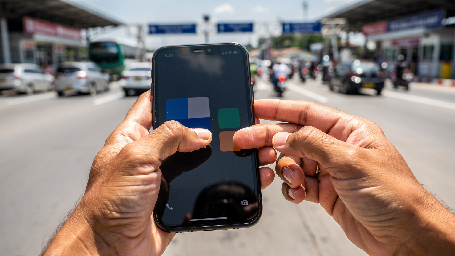 Tangan seorang pengembara memegang telefon bimbit dengan aplikasi eSIM terbuka, menunjukkan pelbagai pilihan pelan data, dengan latar belakang sempadan darat yang sibuk antara Malaysia dan Thailand.
