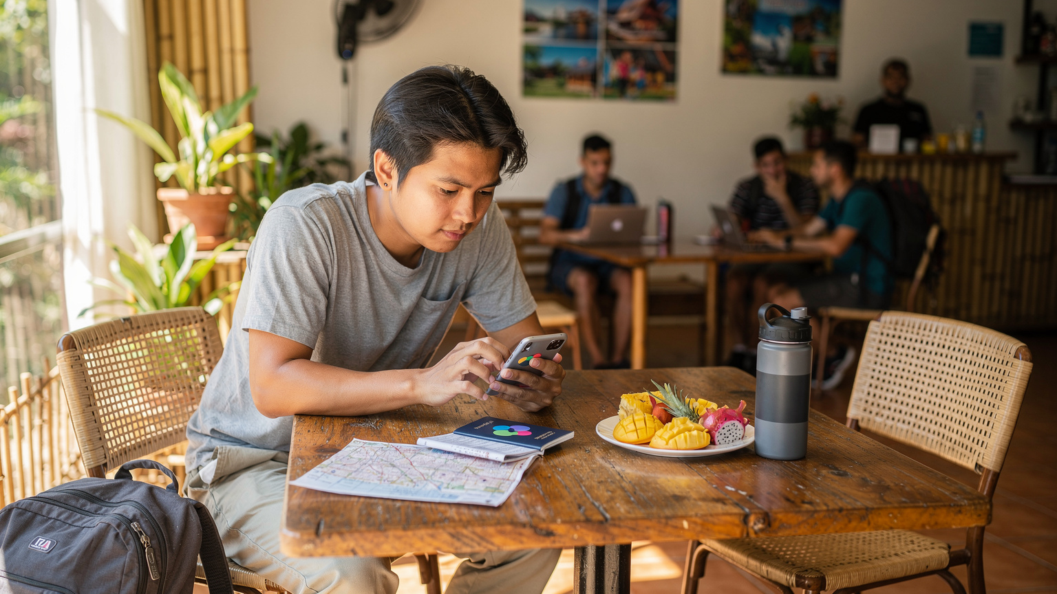 Seorang pengembara muda sedang duduk di meja kopi hostel di Chiang Mai, melihat telefon bimbitnya dengan pasport dan peta di sebelah, merancang laluan seterusnya menggunakan eSIM.