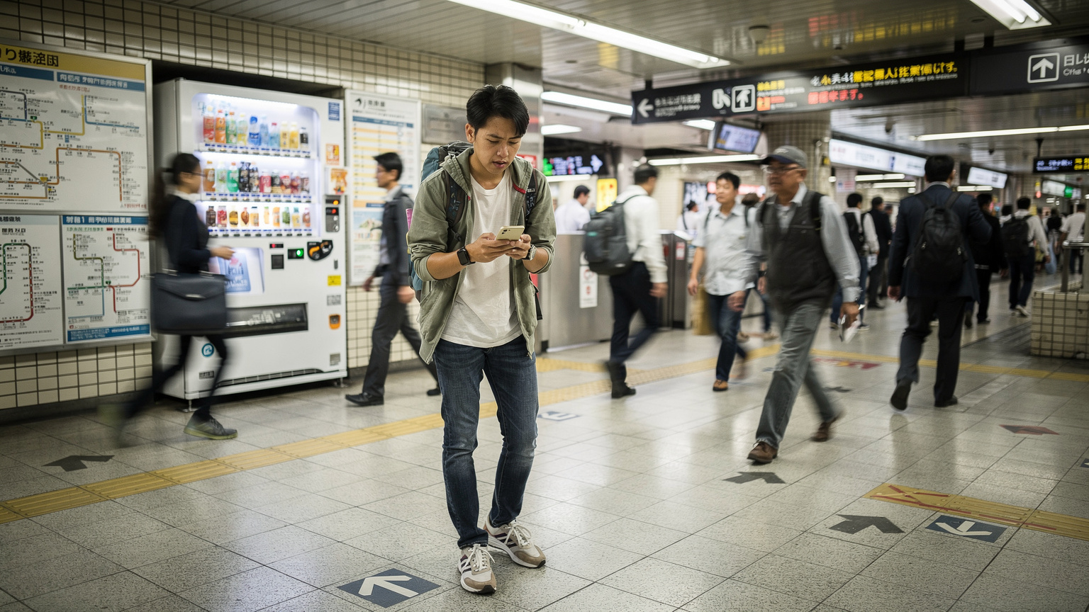 Seorang pengembara muda di stesen kereta api bawah tanah Shibuya di Tokyo, sedang melihat telefonnya untuk navigasi laluan dengan papan tanda dalam bahasa Jepun di latar belakang.