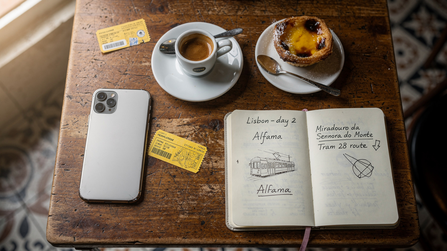 Uma vista de cima de uma mesa de café em Lisboa, com um iPhone 18, um copo de bica, um pastel de nata, um bilhete de elétrico e um pequeno caderno de viagem.