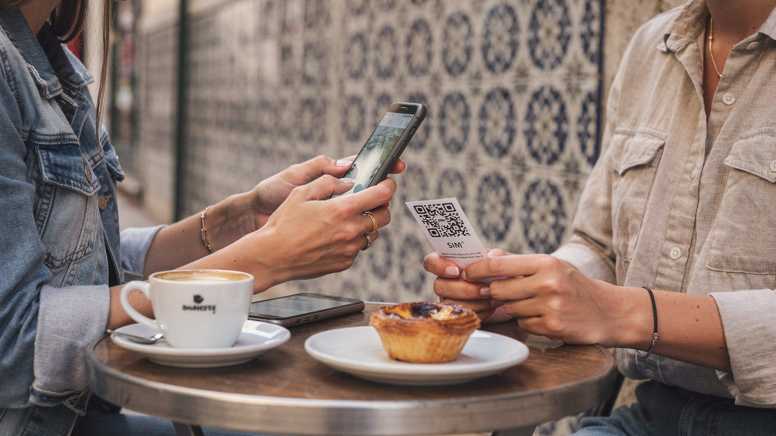 Uma viajante a escanear um QR code de eSIM com o seu iPhone 18, sentada numa esplanada com azulejos azuis e brancos típicos de Lisboa, um bica e um pastel de nata na mesa.