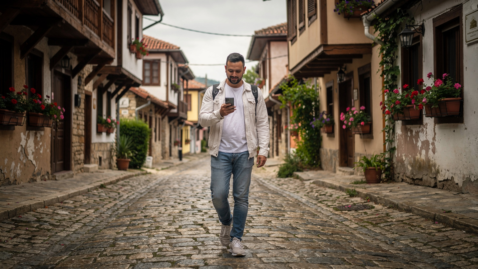 Plovdiv'in Eski Şehir bölgesindeki dar, Arnavut kaldırımlı bir sokakta yürürken telefonunda eSIM kurulumunu kontrol eden bir gezgin.