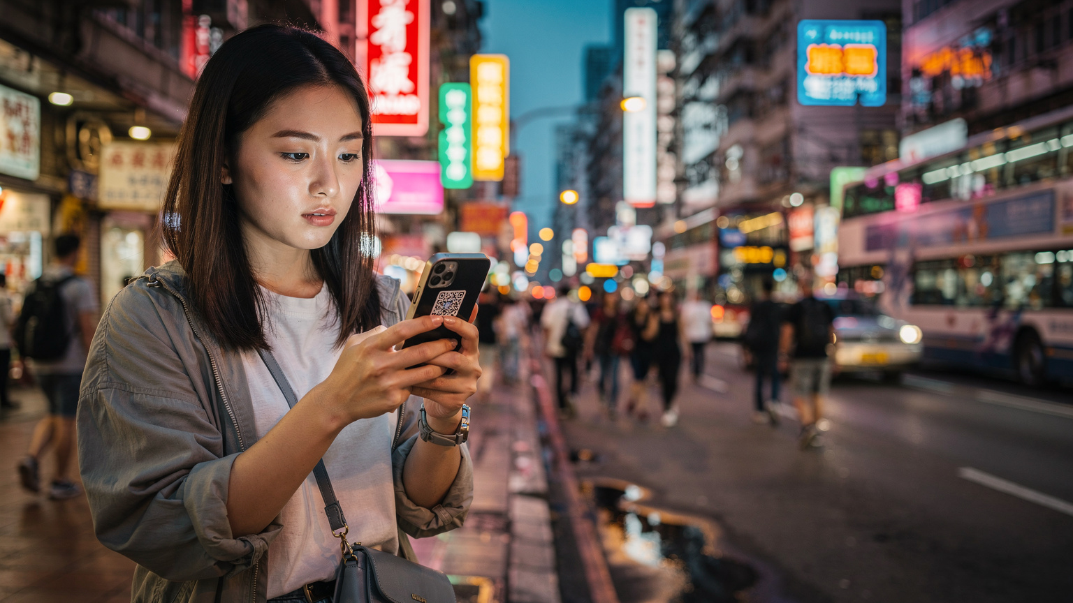一位年輕的中國女性遊客在香港旺角街頭，正專注地用手機掃描QR碼安裝eSIM，背景是霓虹燈閃爍的繁忙街道和穿梭的行人。