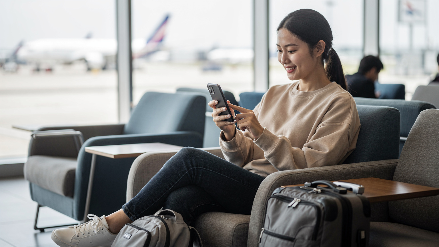 一位亞洲女性旅行者在機場候機室舒適地坐著，她正透過手機掃描QR碼來設定eSIM，臉上帶著輕鬆的笑容，顯示出操作的便捷性。