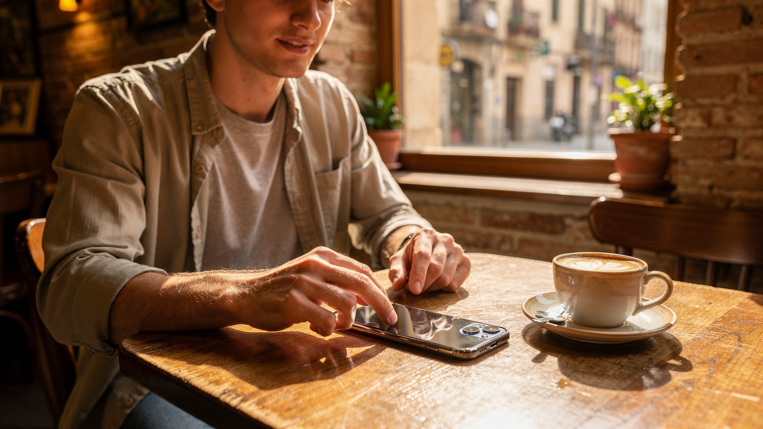 Un viajero activa su eSIM en un iPhone 15 desde la comodidad de una cafetería en el barrio de Gràcia, Barcelona, disfrutando de un café mientras configura su conectividad para un viaje próximo.
