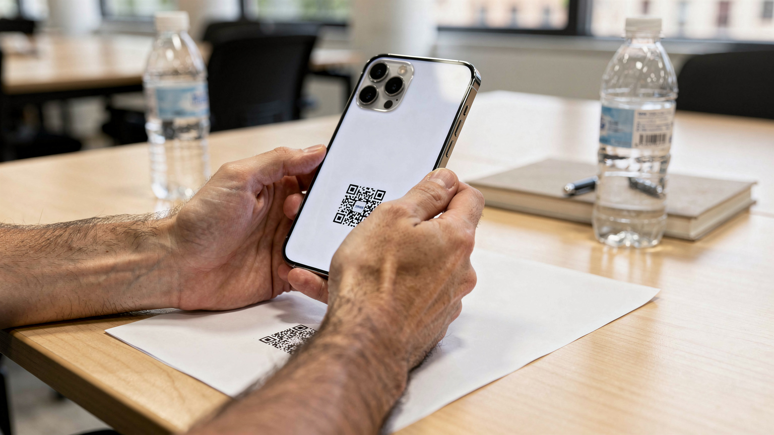 Manos de un viajero sosteniendo un iPhone 15, escaneando un código QR impreso en un papel, para activar una eSIM. La escena transcurre en un ambiente limpio y minimalista, quizás la mesa de una biblioteca o un área de co-working.