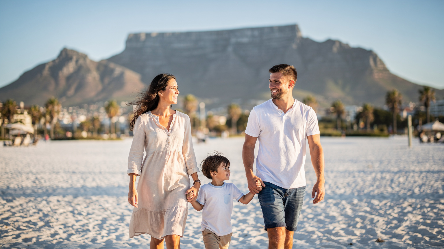 Eine junge Familie, bestehend aus zwei Erwachsenen und einem Kind, geht entspannt am Strand von Camps Bay in Kapstadt entlang, im Hintergrund der imposante Tafelberg.