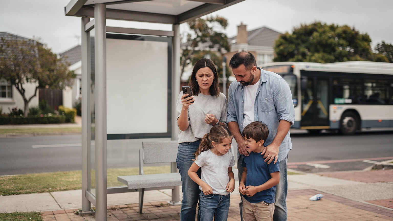 Eine junge Familie steht an einer Bushaltestelle in Kapstadt, die Frau schaut mit besorgtem Blick auf ihr Smartphone, das eine Fehlermeldung oder fehlende Netzverbindung anzeigt, während der Mann die Kinder beruhigt. Im Hintergrund fährt ein MyCiTi-Bus vorbei.