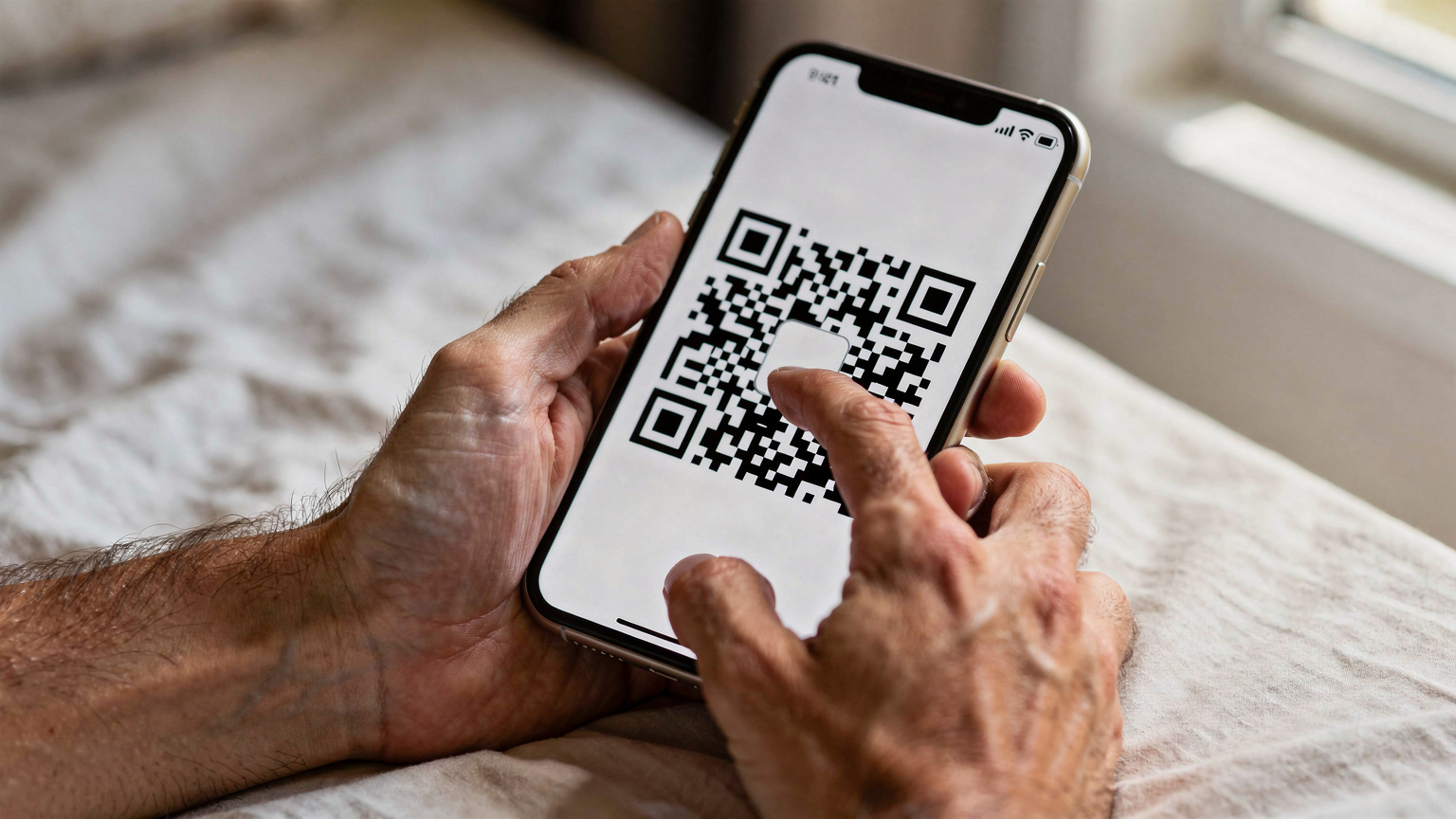 Nahaufnahme von männlichen Händen, die ein Smartphone halten, auf dem eine eSIM-Aktivierungs-App mit einem generischen QR-Code angezeigt wird, während ein Finger auf den Bildschirm tippt.