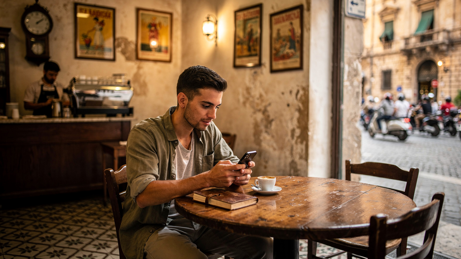 Ein junger Reisender sitzt in einem kleinen, urigen Café in Palermo, Sizilien, und konzentriert sich auf sein Smartphone, während er einen kleinen Espresso genießt und die lokale Atmosphäre aufnimmt.