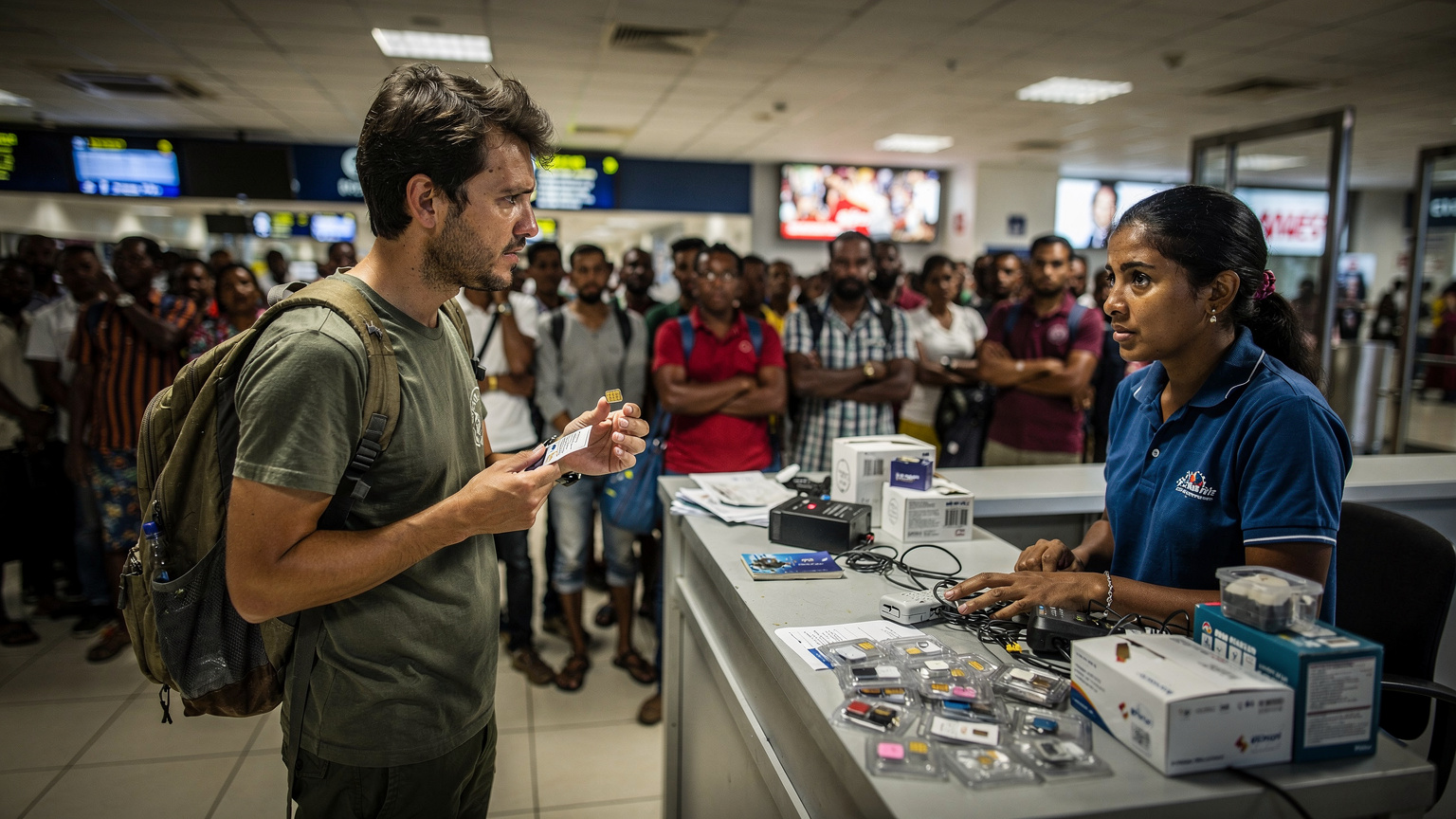 Ein Reisender mit ratlosem Gesichtsausdruck versucht, an einem überfüllten Flughafen-Kiosk eine lokale SIM-Karte zu registrieren, während sich eine lange Schlange hinter ihm bildet.