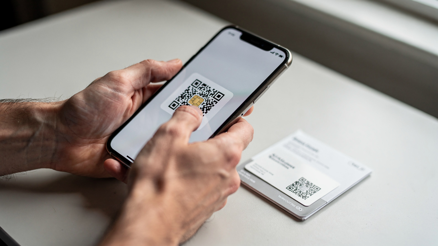 Un primo piano delle mani di una persona che sta scansionando un QR code su un pacchetto eSIM con il suo smartphone, l'eSIM è chiaramente visibile.