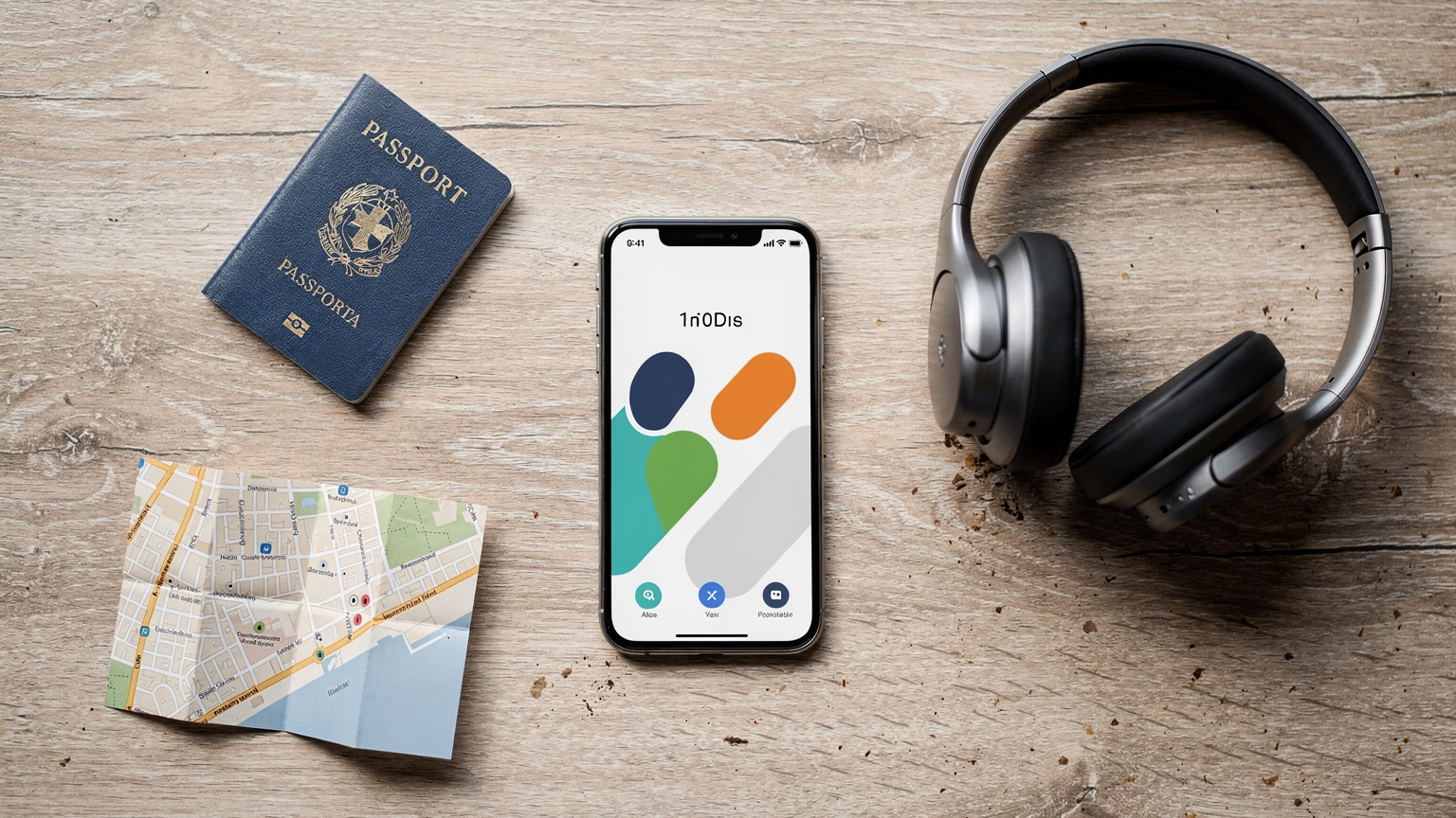 Un overhead flat-lay di un passaporto italiano, uno smartphone con una schermata generica di navigazione, cuffie e una piccola mappa piegata su un tavolo di legno chiaro, suggerendo un momento di pianificazione del viaggio.